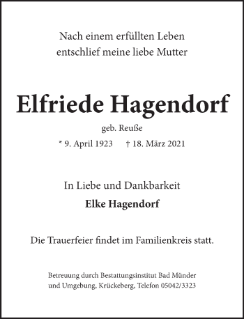 Traueranzeige von Elfriede Hagendorf von Neue Deister-Zeitung