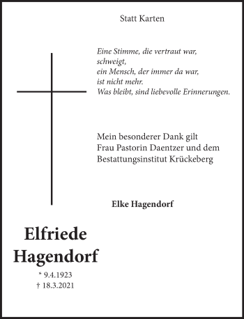 Traueranzeige von Elfriede Hagendorf von Neue Deister-Zeitung