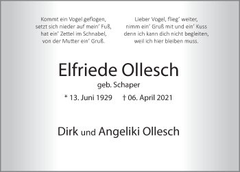 Traueranzeige von Elfriede Ollesch von Deister- und Weserzeitung