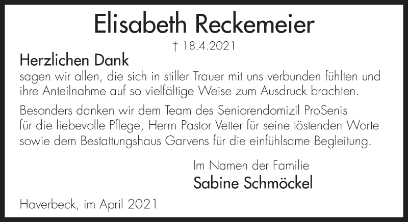  Traueranzeige für Elisabeth Reckemeier vom 24.04.2021 aus Deister- und Weserzeitung