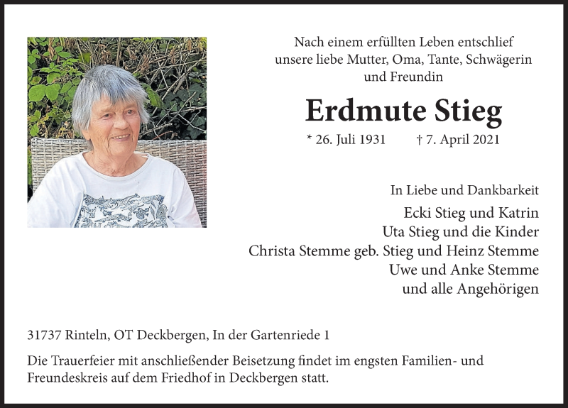  Traueranzeige für Erdmute Stieg vom 13.04.2021 aus Deister- und Weserzeitung