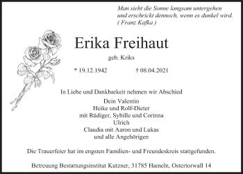 Traueranzeige von Erika Freihaut von Deister- und Weserzeitung