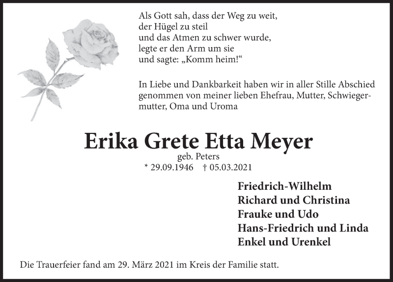  Traueranzeige für Erika Meyer vom 03.04.2021 aus Deister- und Weserzeitung