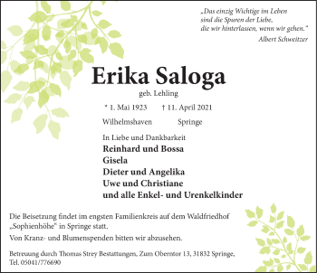 Traueranzeige von Erika Saloga von Neue Deister-Zeitung