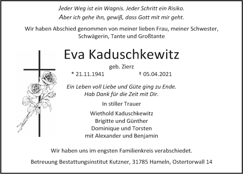  Traueranzeige für Eva Kaduschkewitz vom 17.04.2021 aus Deister- und Weserzeitung