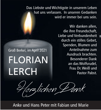 Traueranzeige von Florian Lerch von Deister- und Weserzeitung