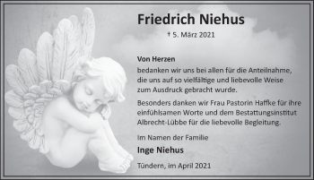 Traueranzeige von Friedrich Niehus von Deister- und Weserzeitung