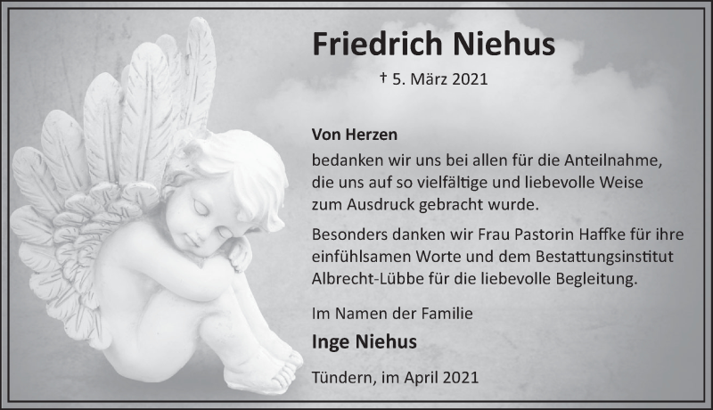  Traueranzeige für Friedrich Niehus vom 03.04.2021 aus Deister- und Weserzeitung