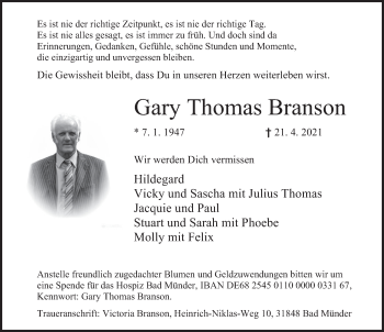 Traueranzeige von Gary Thomas Branson von Deister- und Weserzeitung