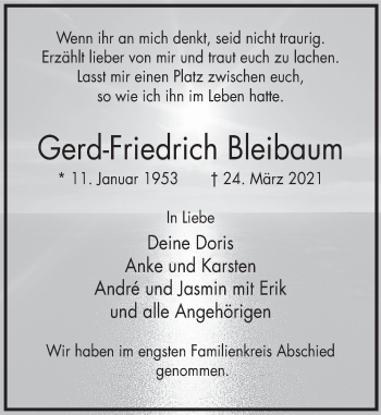 Traueranzeige von Gerd-Friedrich Bleibaum von Deister- und Weserzeitung