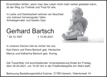 Traueranzeige von Gerhard Bartsch von Deister- und Weserzeitung