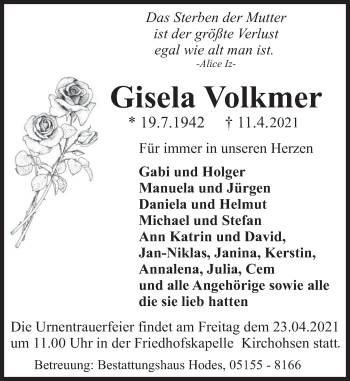 Traueranzeige von Gisela Volkmer von Deister- und Weserzeitung