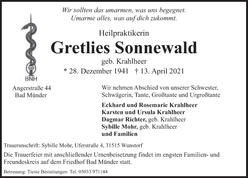  Traueranzeige für Gretlies Sonnewald vom 21.04.2021 aus Deister- und Weserzeitung