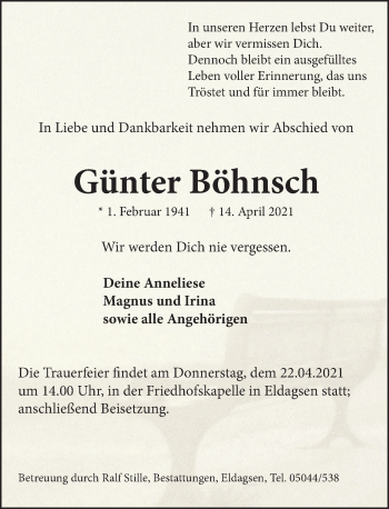 Traueranzeige von Günter Böhnsch von Neue Deister-Zeitung
