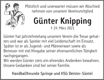 Traueranzeige von Günter Knipping von Neue Deister-Zeitung