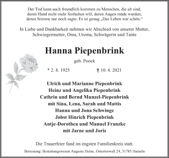 Traueranzeige von Hanna Piepenbrink von Deister- und Weserzeitung
