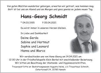 Traueranzeige von Hans-Georg Schmidt von Deister- und Weserzeitung