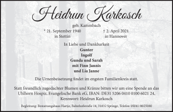Traueranzeige von Heidrun Karkosch von Neue Deister-Zeitung