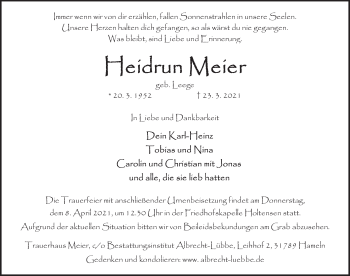 Traueranzeige von Heidrun Meier von Deister- und Weserzeitung