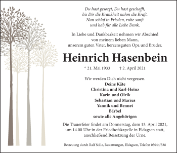 Traueranzeige von Heinrich Hasenbein von Neue Deister-Zeitung