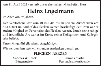 Traueranzeige von Heinz Engelmann von Deister- und Weserzeitung