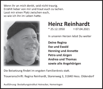 Traueranzeige von Heinz Reinhardt von Deister- und Weserzeitung