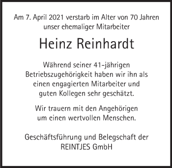 Traueranzeige von Heinz Reinhardt von Deister- und Weserzeitung