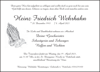 Traueranzeige von Heinz Friedrich Wehrhahn von Neue Deister-Zeitung