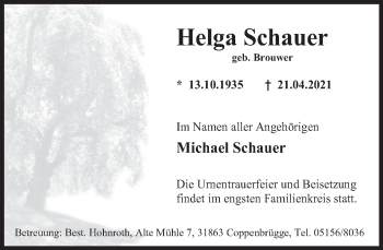 Traueranzeige von Helga Schauer von Deister- und Weserzeitung