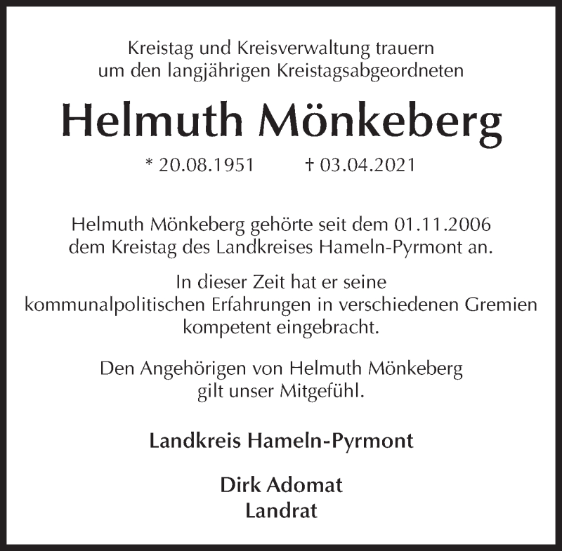  Traueranzeige für Helmuth Mönkeberg vom 17.04.2021 aus Deister- und Weserzeitung