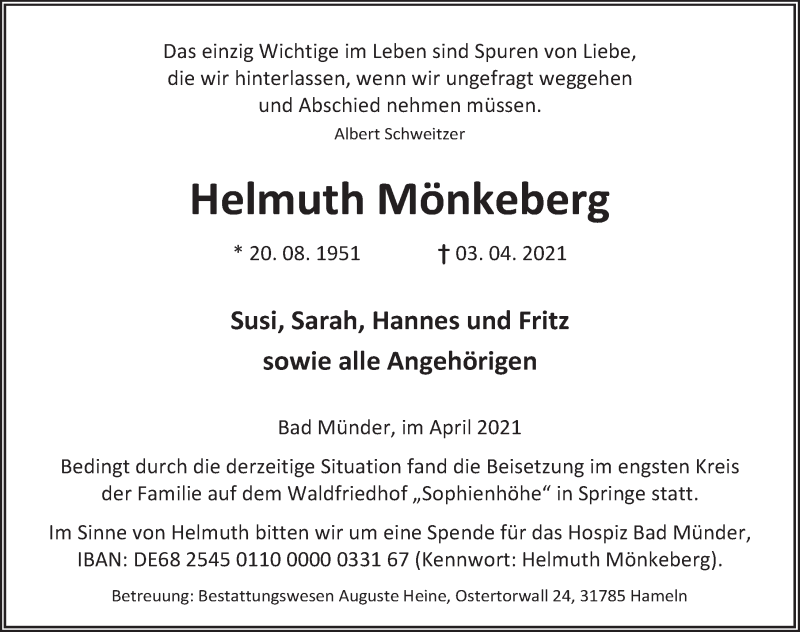  Traueranzeige für Helmuth Mönkeberg vom 17.04.2021 aus Neue Deister-Zeitung