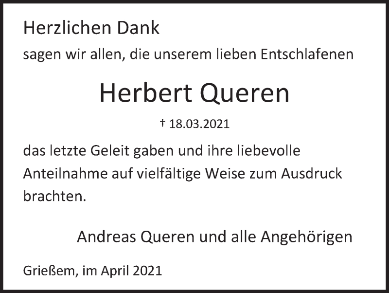 Traueranzeige für Herbert Queren vom 10.04.2021 aus Deister- und Weserzeitung