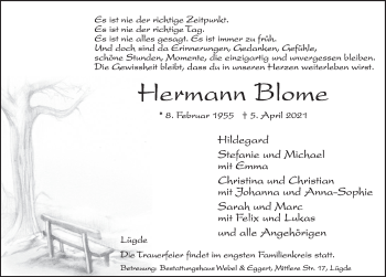 Traueranzeige von Hermann Blome von Deister- und Weserzeitung