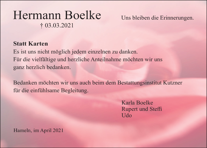  Traueranzeige für Hermann Boelke vom 03.04.2021 aus Deister- und Weserzeitung