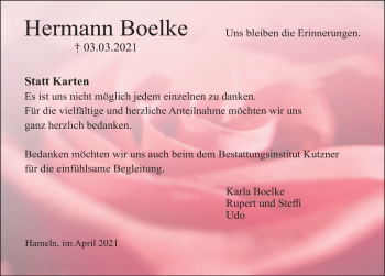 Traueranzeige von Hermann Boelke von Deister- und Weserzeitung