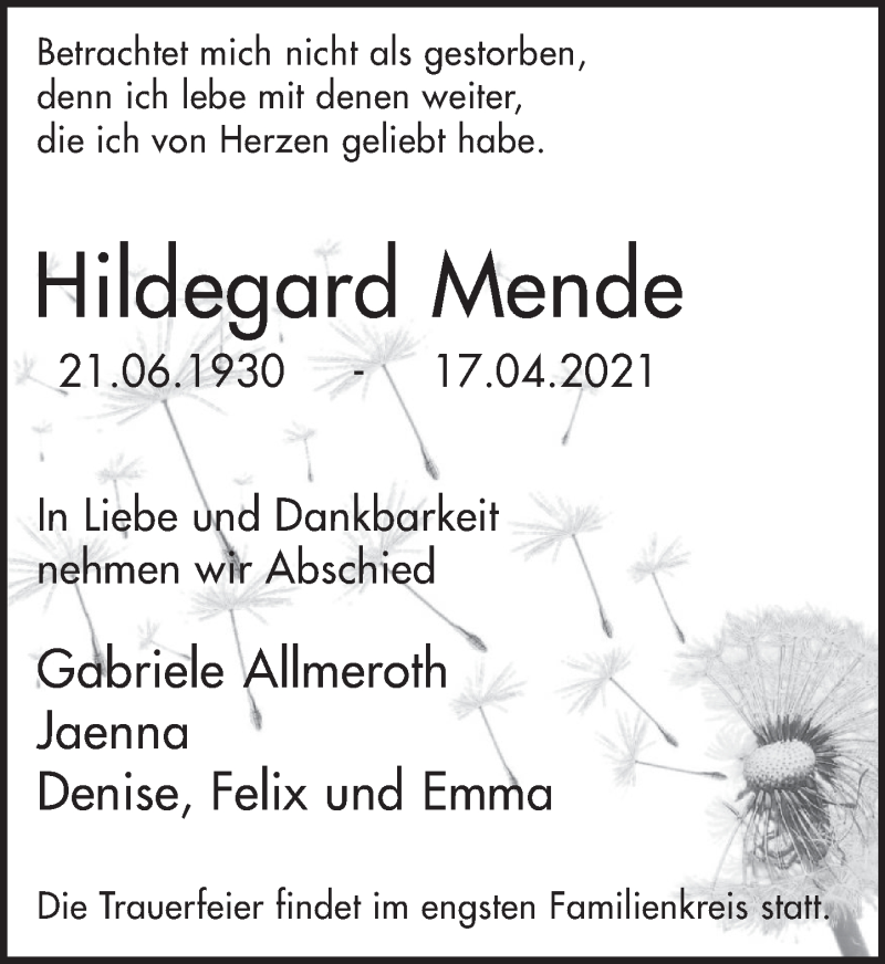  Traueranzeige für Hildegard Mende vom 24.04.2021 aus Deister- und Weserzeitung
