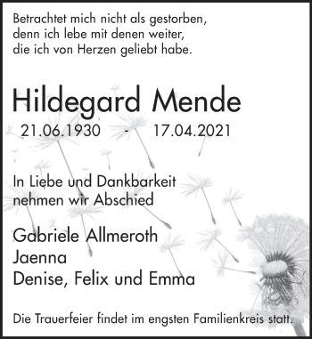 Traueranzeige von Hildegard Mende von Deister- und Weserzeitung