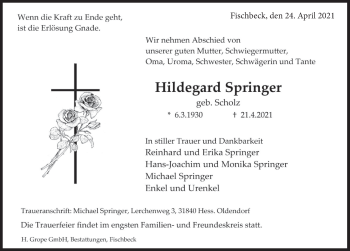 Traueranzeige von Hildegard Springer von Deister- und Weserzeitung