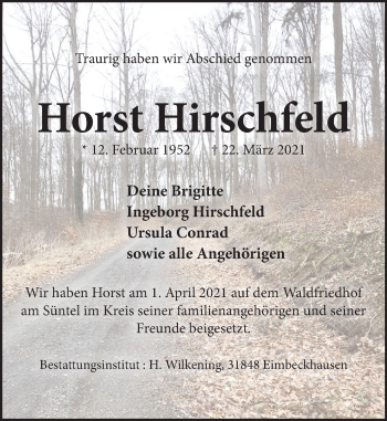 Traueranzeige von Horst Hirschfeld von Neue Deister-Zeitung