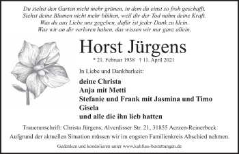 Traueranzeige von Horst Jürgens von Deister- und Weserzeitung