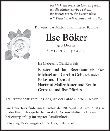 Traueranzeige von Ilse Böker von Deister- und Weserzeitung