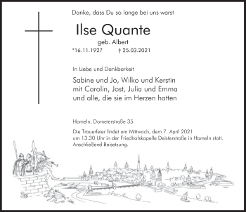 Traueranzeige von Ilse Quante von Deister- und Weserzeitung