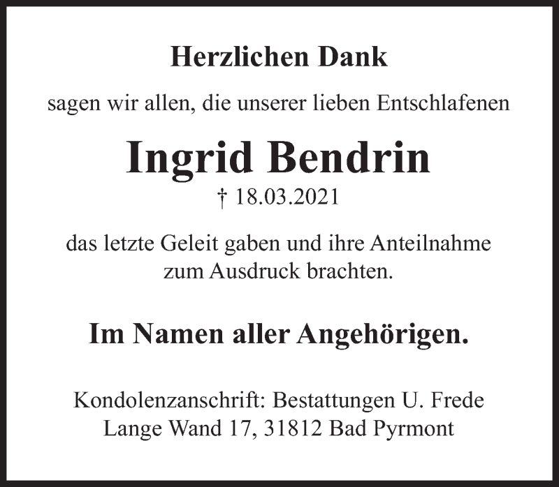  Traueranzeige für Ingrid Bendrin vom 10.04.2021 aus Deister- und Weserzeitung