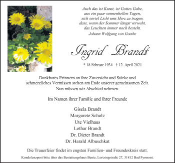 Traueranzeige von Ingrid Brandt von Deister- und Weserzeitung