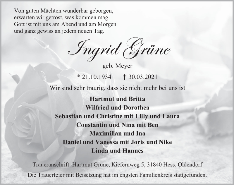  Traueranzeige für Ingrid Grüne vom 10.04.2021 aus Deister- und Weserzeitung