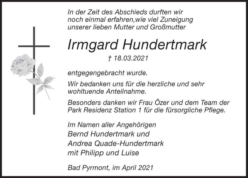  Traueranzeige für Irmgard Hundertmark vom 10.04.2021 aus Deister- und Weserzeitung