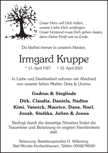 Traueranzeige von Irmgard Kruppe von Neue Deister-Zeitung
