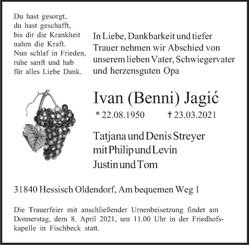  Traueranzeige für Ivan Jagic vom 03.04.2021 aus Deister- und Weserzeitung