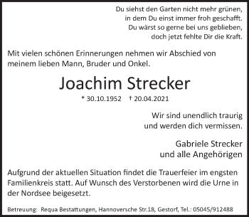 Traueranzeige von Joachim Strecker von Neue Deister-Zeitung