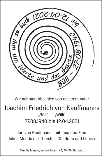 Traueranzeige von Joachim Friedrich von Kauffmanns von Deister- und Weserzeitung
